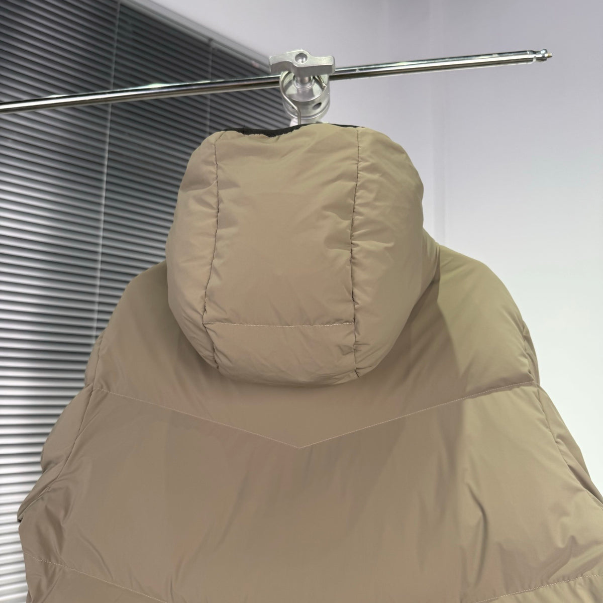 Moncler Taupe Beige Hooded Puffer Jacket with Chevron Quilting