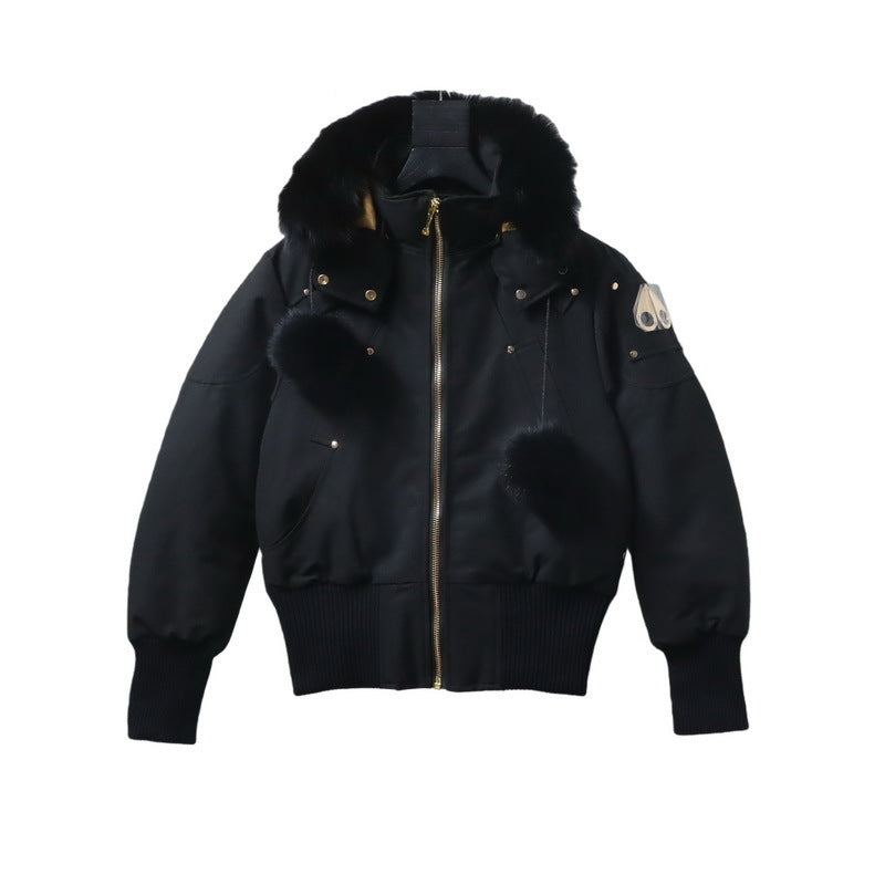 Moose Knuckles Black Cropped Hooded Bomber Jacket with Plush Pom-Poms