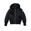 Moose Knuckles Black Cropped Hooded Bomber Jacket with Plush Pom-Poms