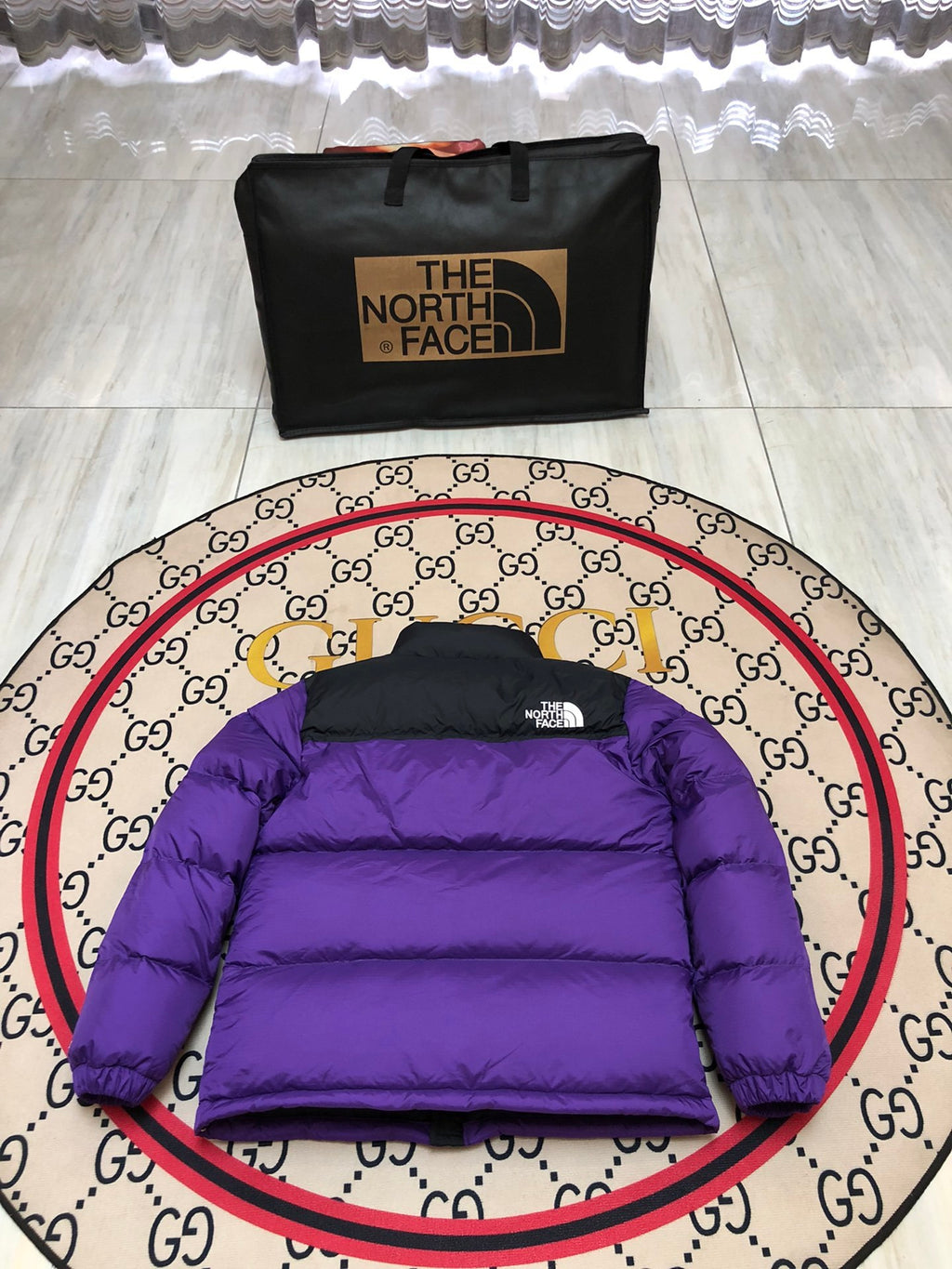 The North Face Purple and Black Colorblock Stand-Collar Puffer Jacket