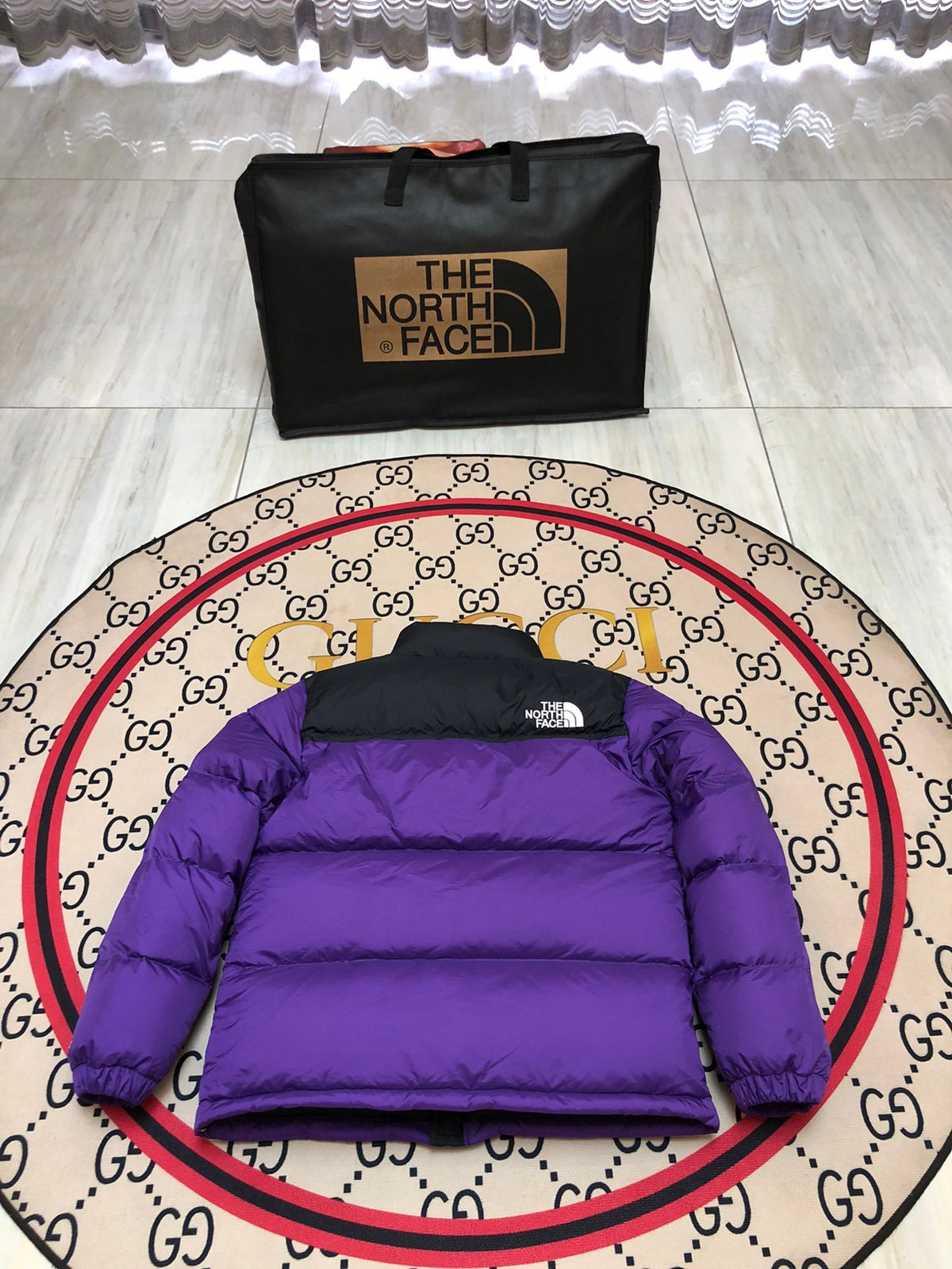 The North Face Purple and Black Colorblock Stand-Collar Puffer Jacket