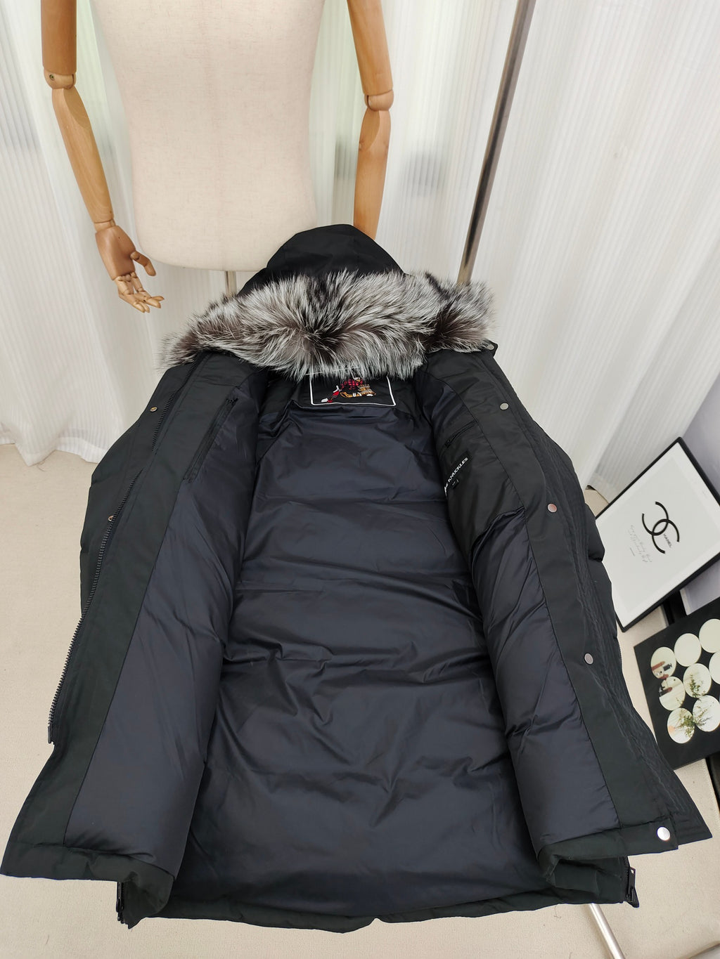 Moose Knuckles Charcoal Gray Long Quilted Parka with Plush Hood Trim