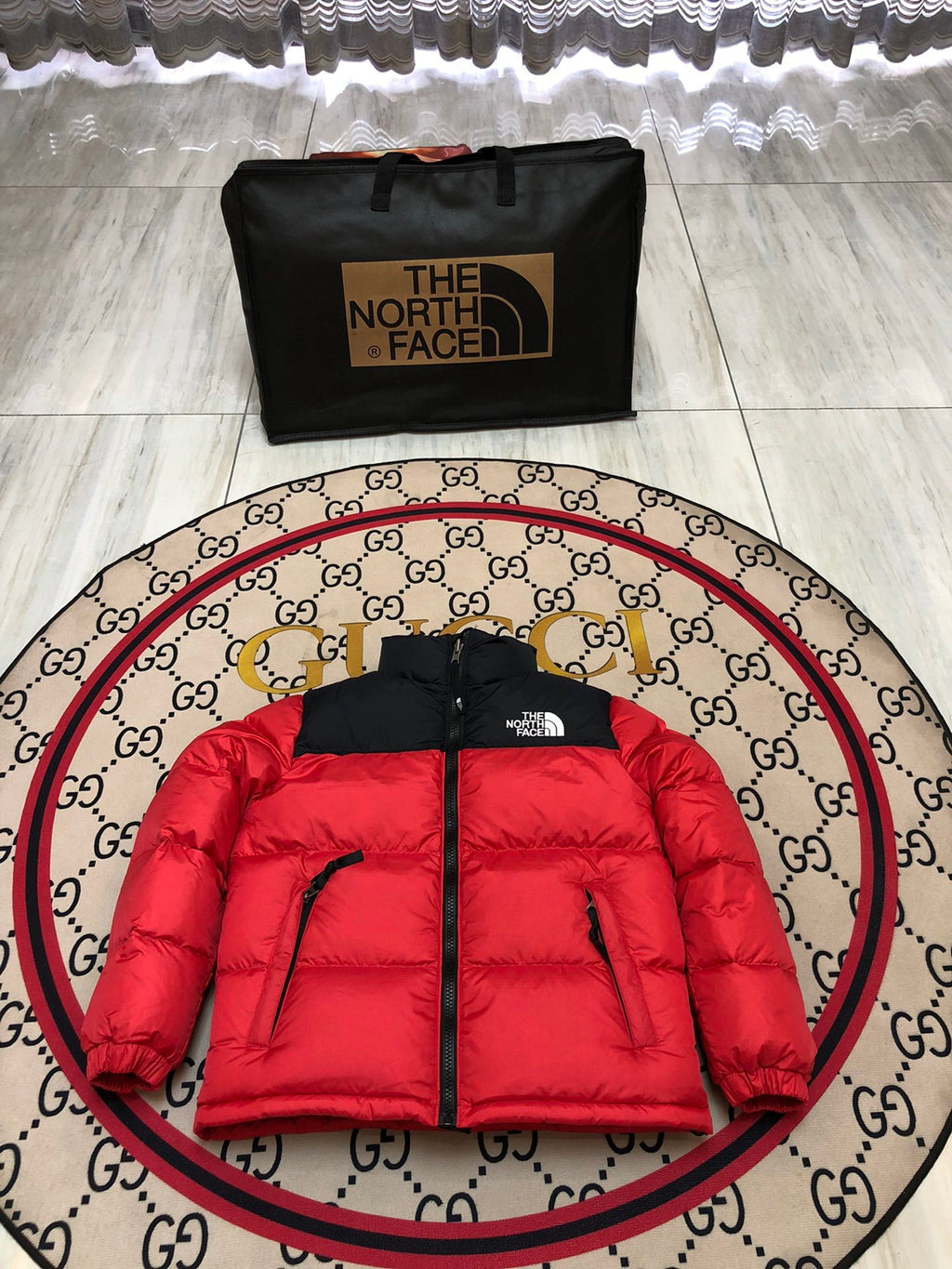 The North Face Red and Black Colorblock Stand-Collar Puffer Jacket