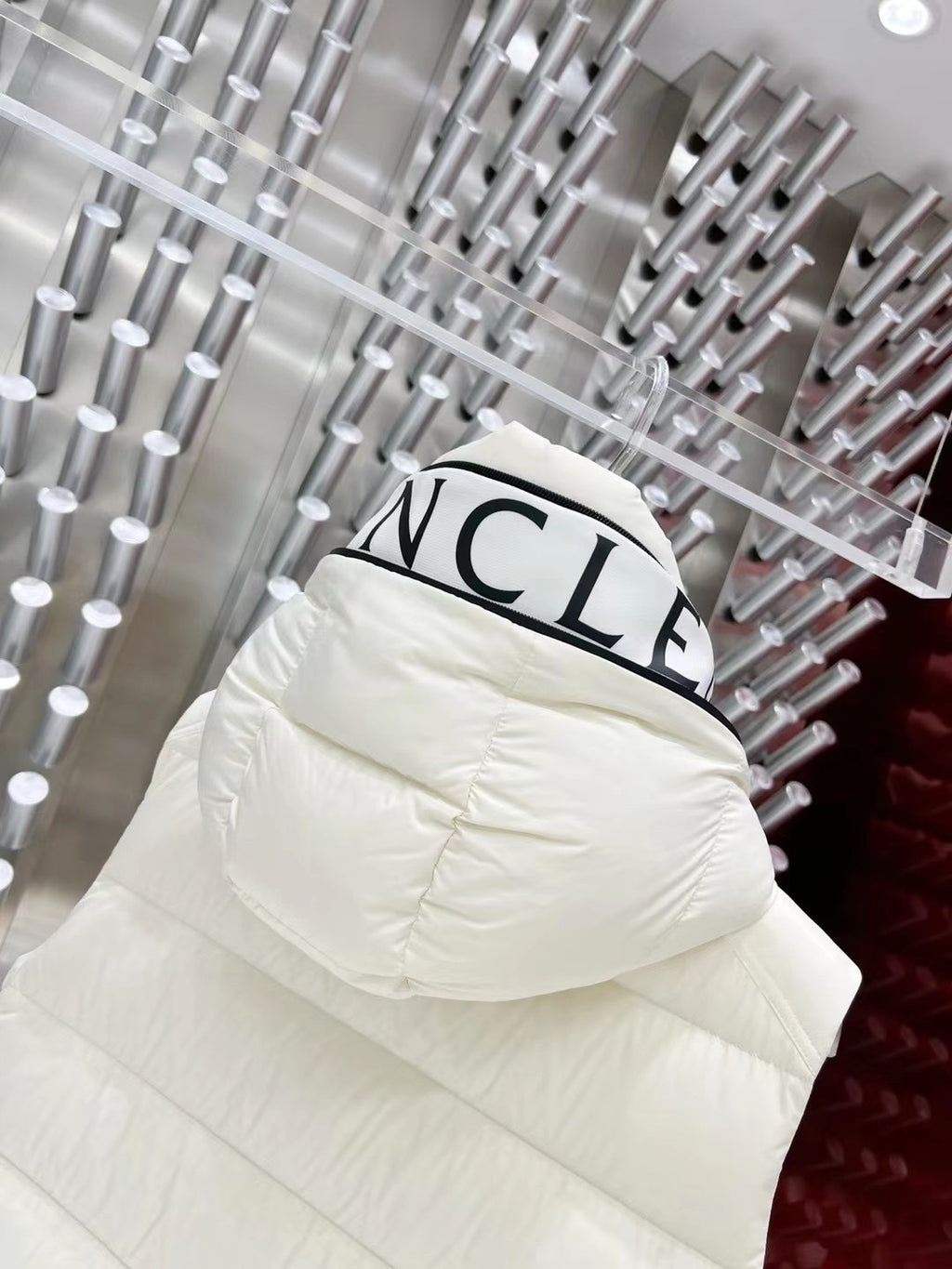 Moncler White Hooded Quilted Puffer Vest with Black Logo Trim