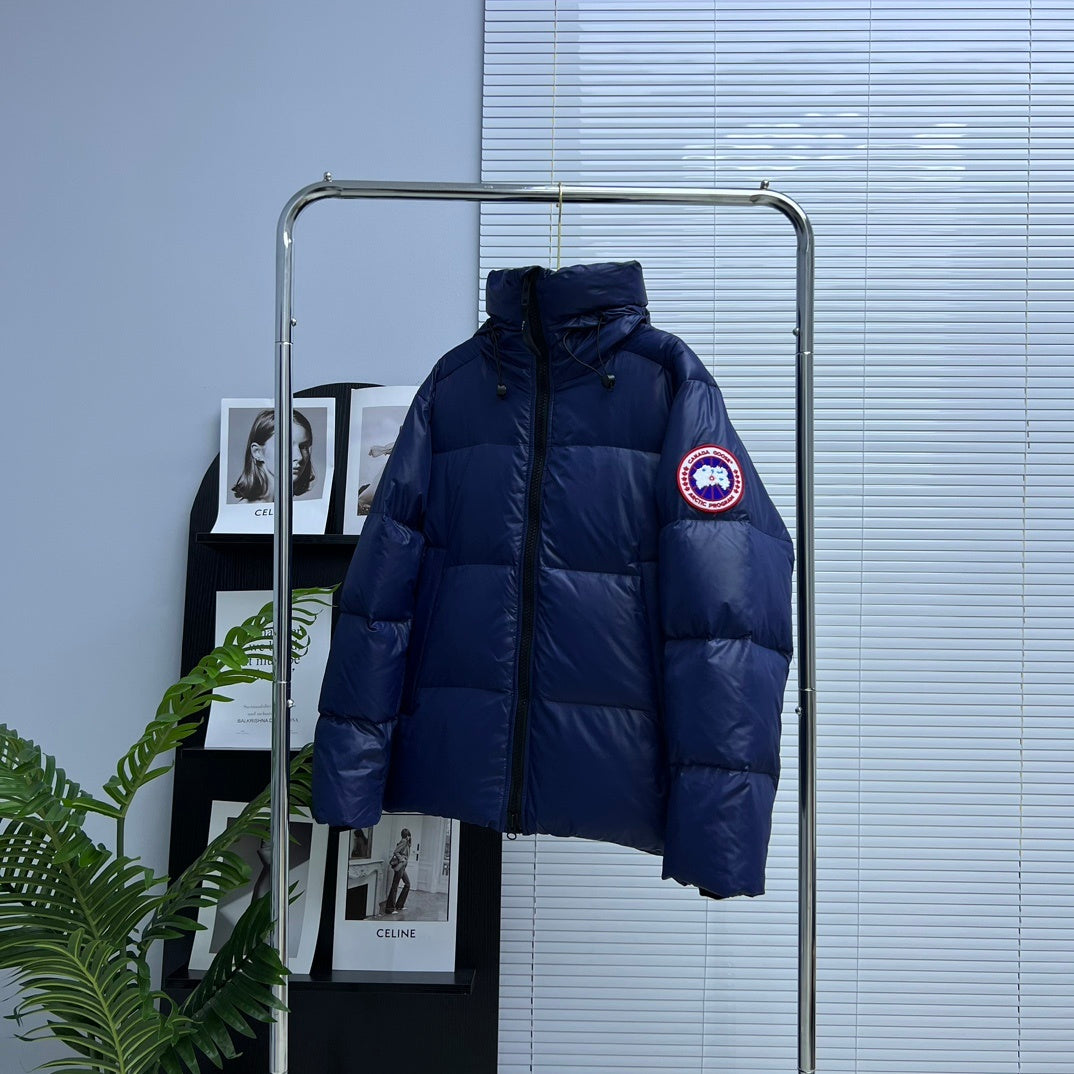 Canada Goose Navy Blue Hooded Quilted Puffer Jacket with Red Logo Badge