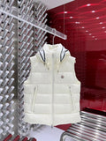 Moncler White Hooded Quilted Puffer Vest with Black Logo Trim
