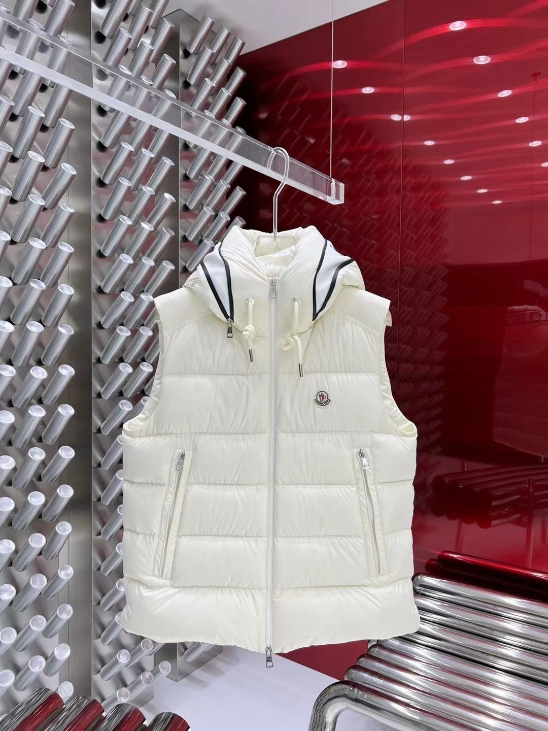 Moncler White Hooded Quilted Puffer Vest with Black Logo Trim
