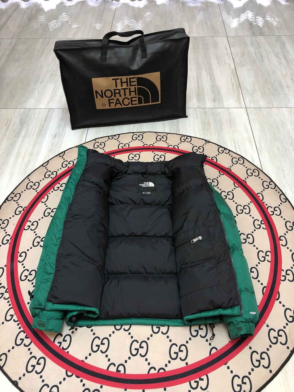 The North Face Emerald Green and Black Colorblock Stand-Collar Puffer Jacket