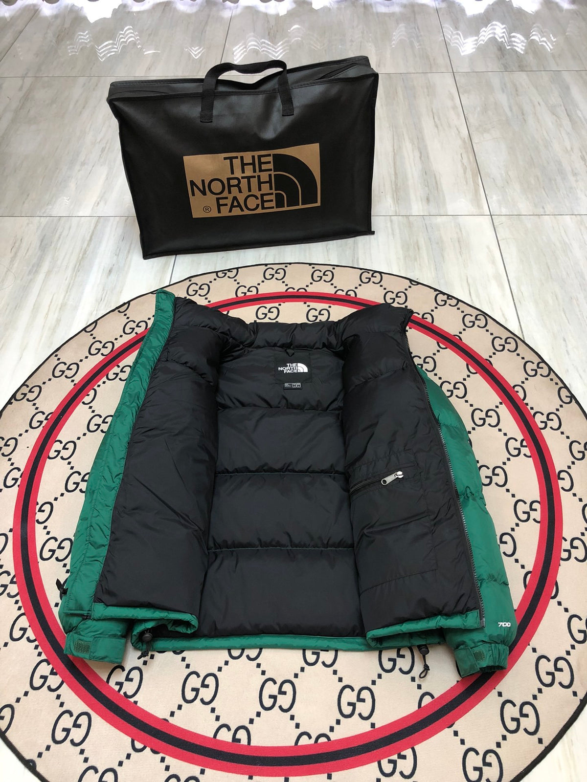 The North Face Emerald Green and Black Colorblock Stand-Collar Puffer Jacket