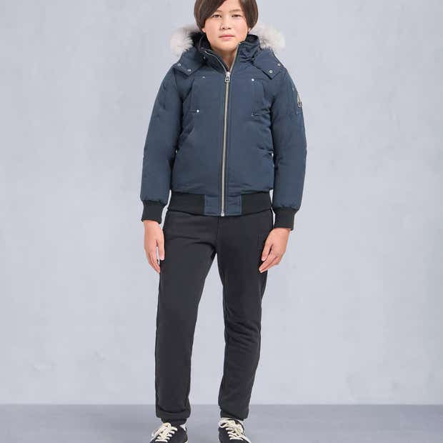 Moose Knuckles Navy Blue Hooded Bomber Jacket with White Plush Trim