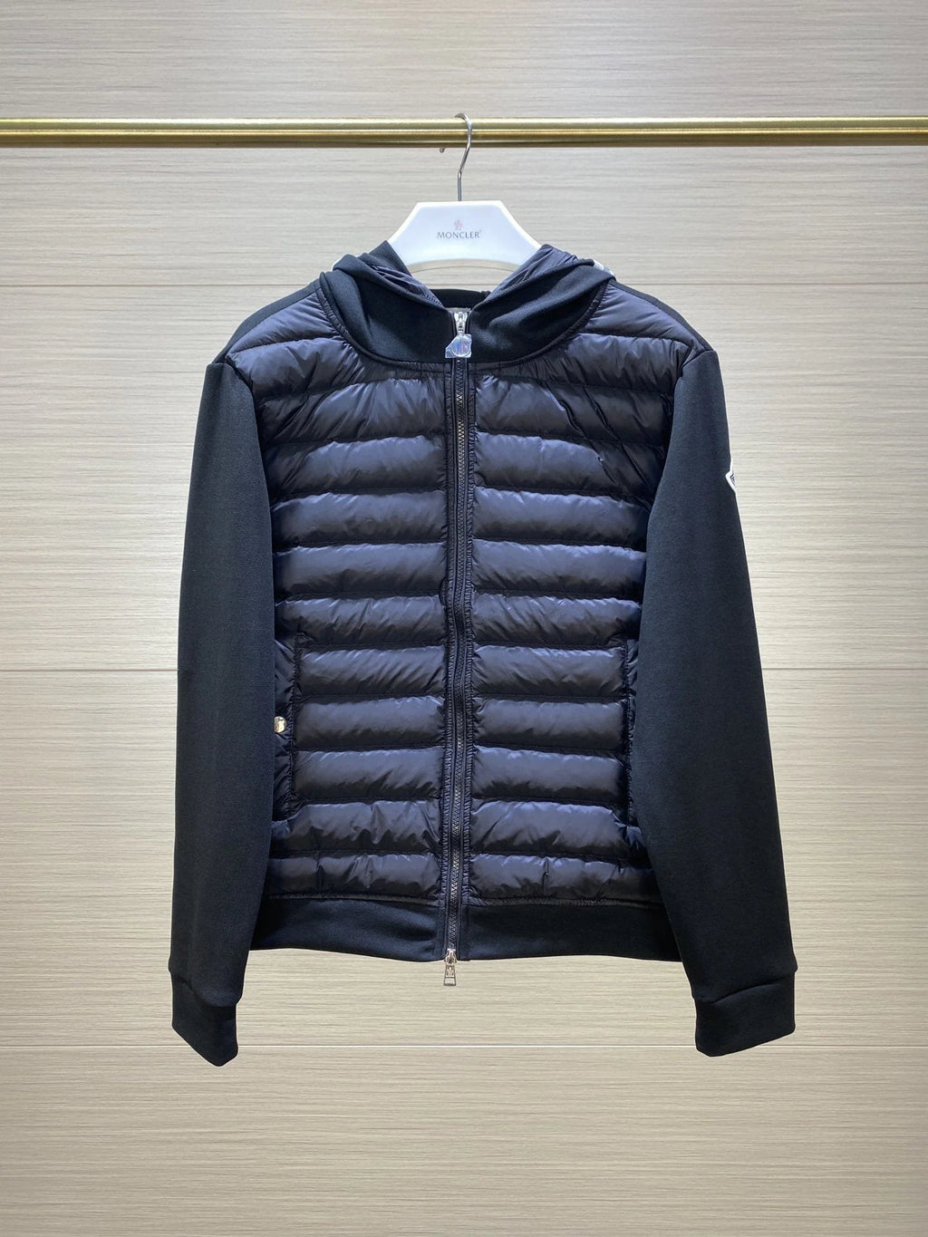 Moncler Black Hooded Quilted-Front Zip Jacket with Striped Hood