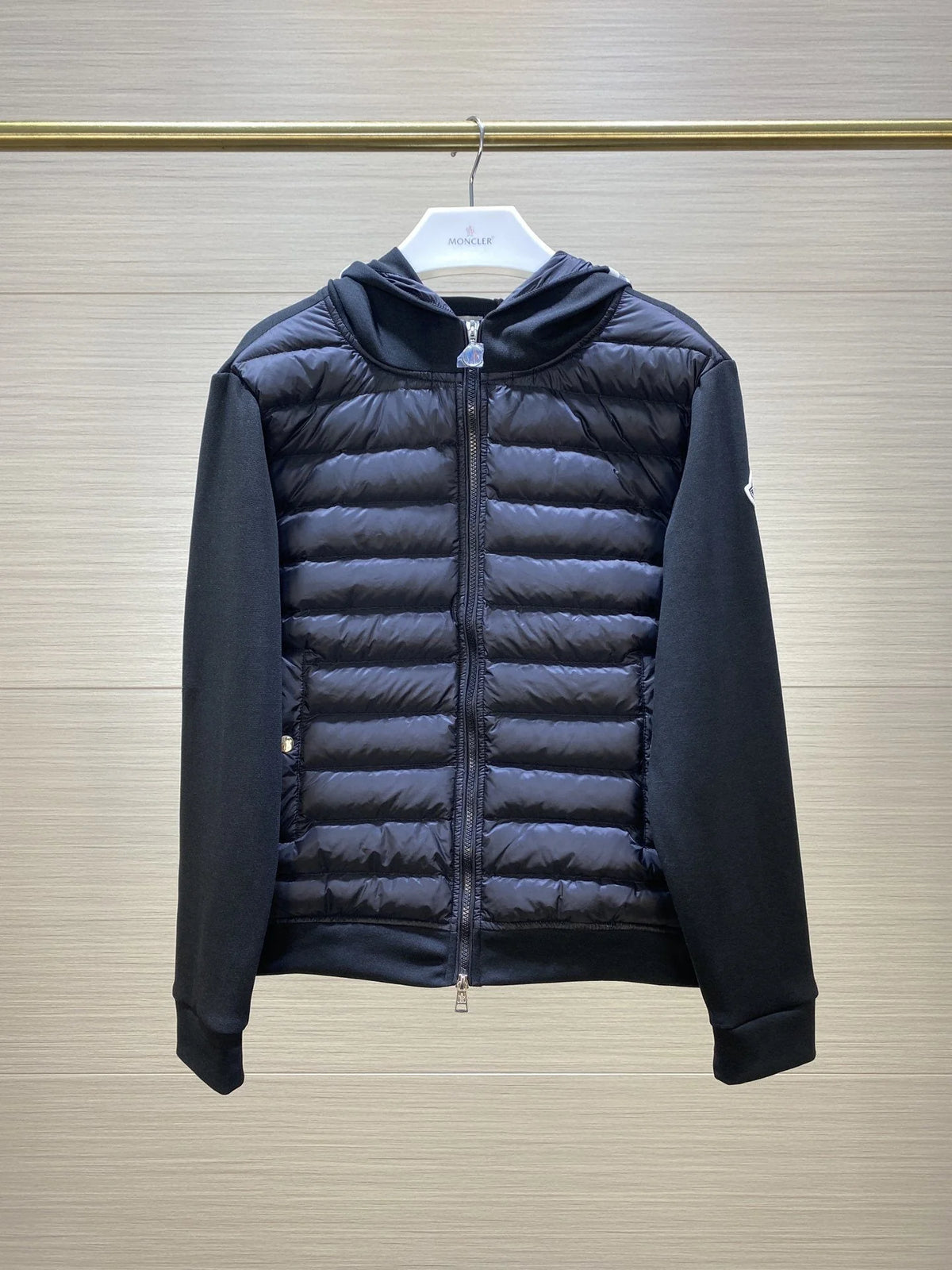 Moncler Black Hooded Quilted-Front Zip Jacket with Striped Hood