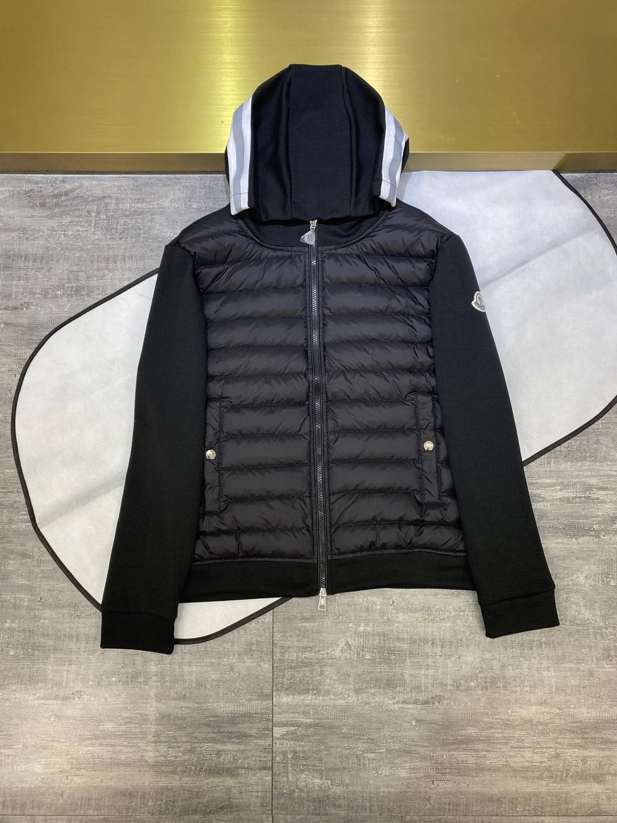 Moncler Black Hooded Quilted-Front Zip Jacket with Striped Hood