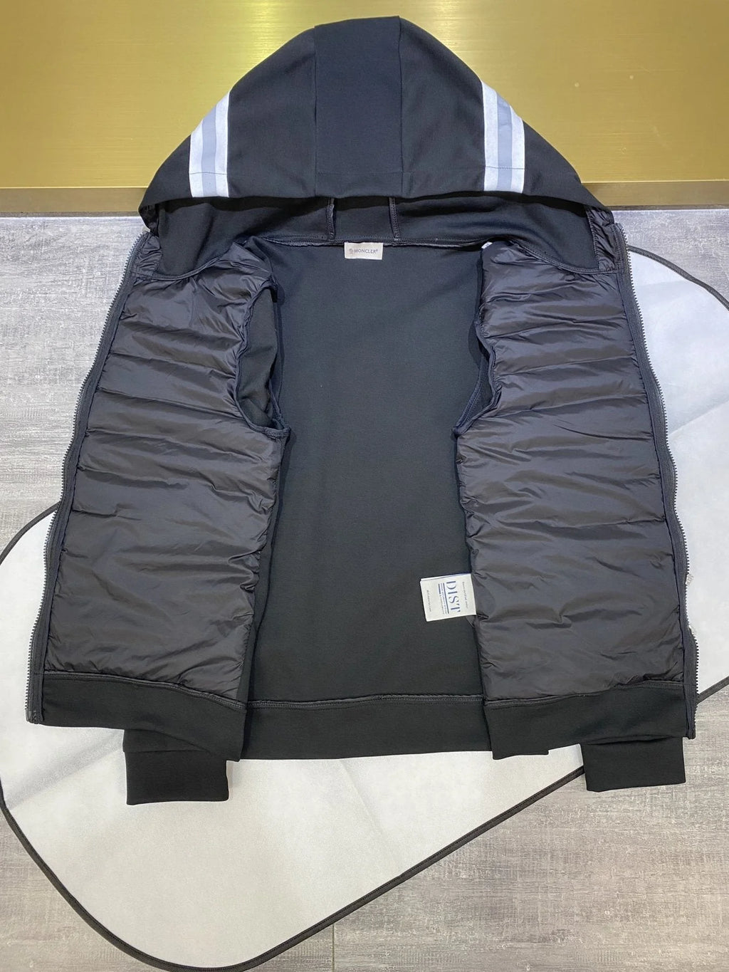 Moncler Black Hooded Quilted-Front Zip Jacket with Striped Hood