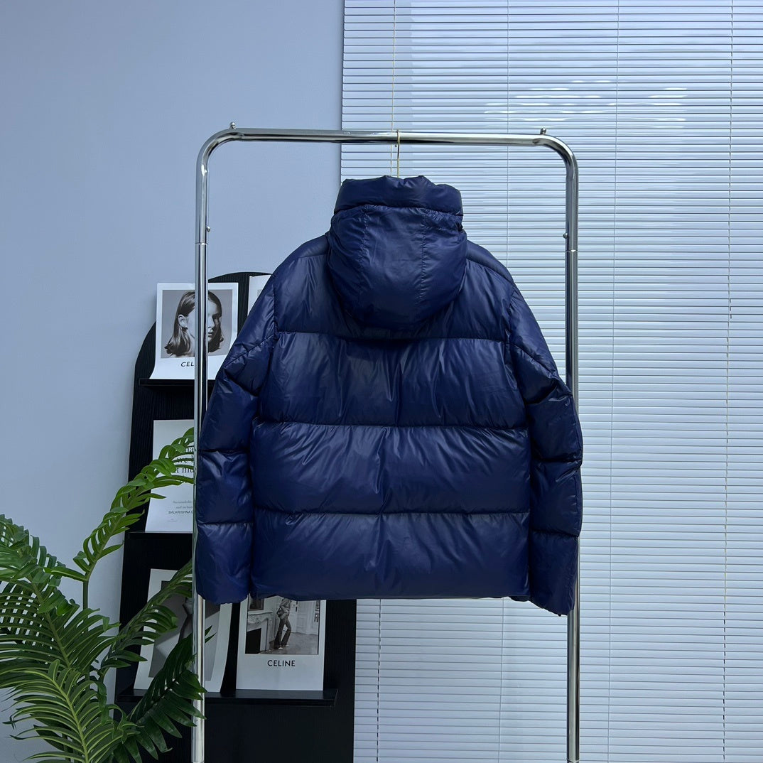 Canada Goose Navy Blue Hooded Quilted Puffer Jacket with Red Logo Badge