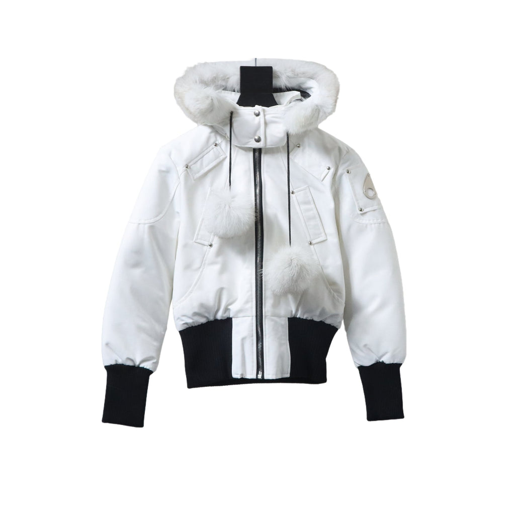 Moose Knuckles White and Black Cropped Hooded Bomber Jacket with Pom-Poms