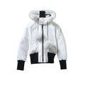 Moose Knuckles White and Black Cropped Hooded Bomber Jacket with Pom-Poms