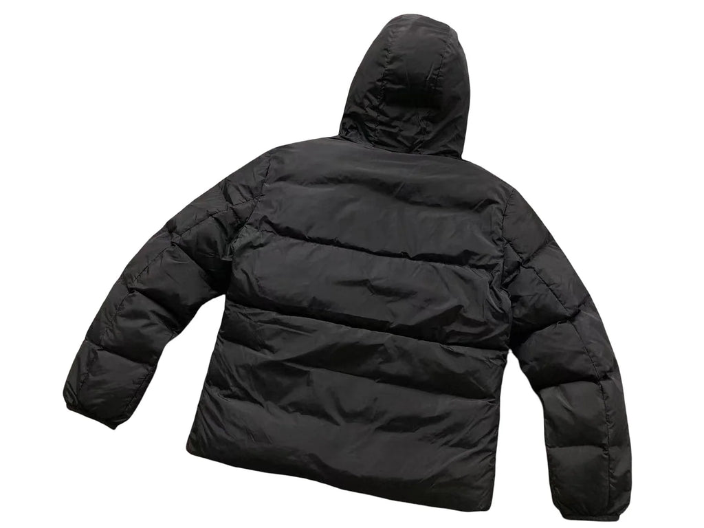 Moncler Black Hooded Quilted Puffer Jacket with White Logo Trim