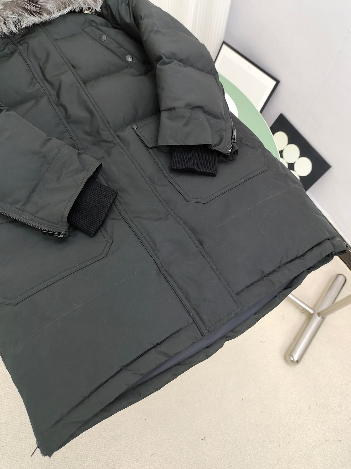 Moose Knuckles Charcoal Gray Long Quilted Parka with Plush Hood Trim