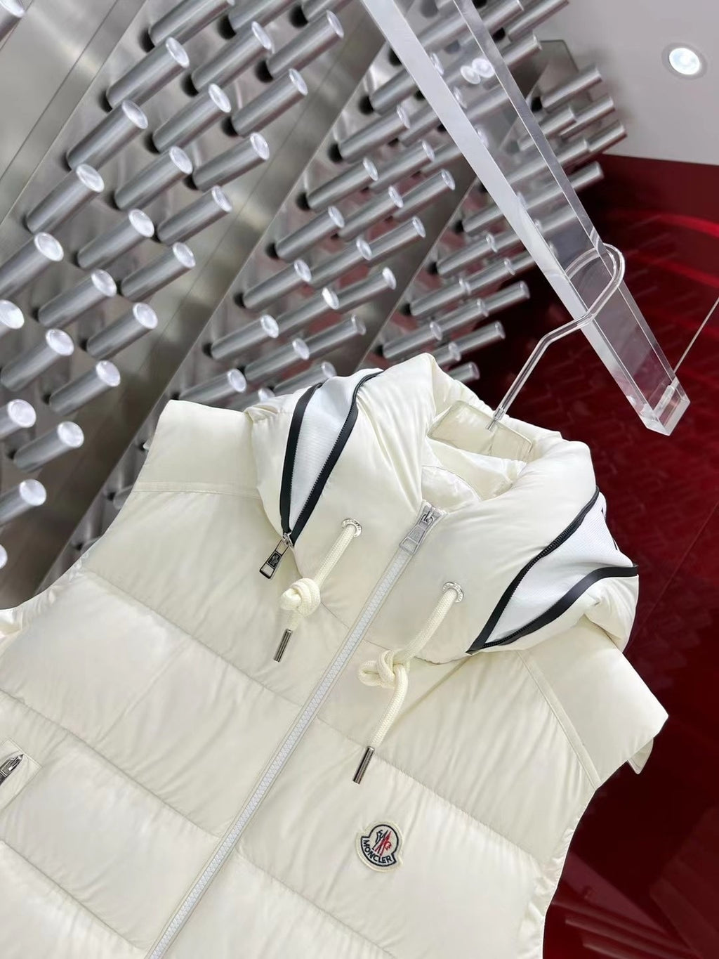 Moncler White Hooded Quilted Puffer Vest with Black Logo Trim