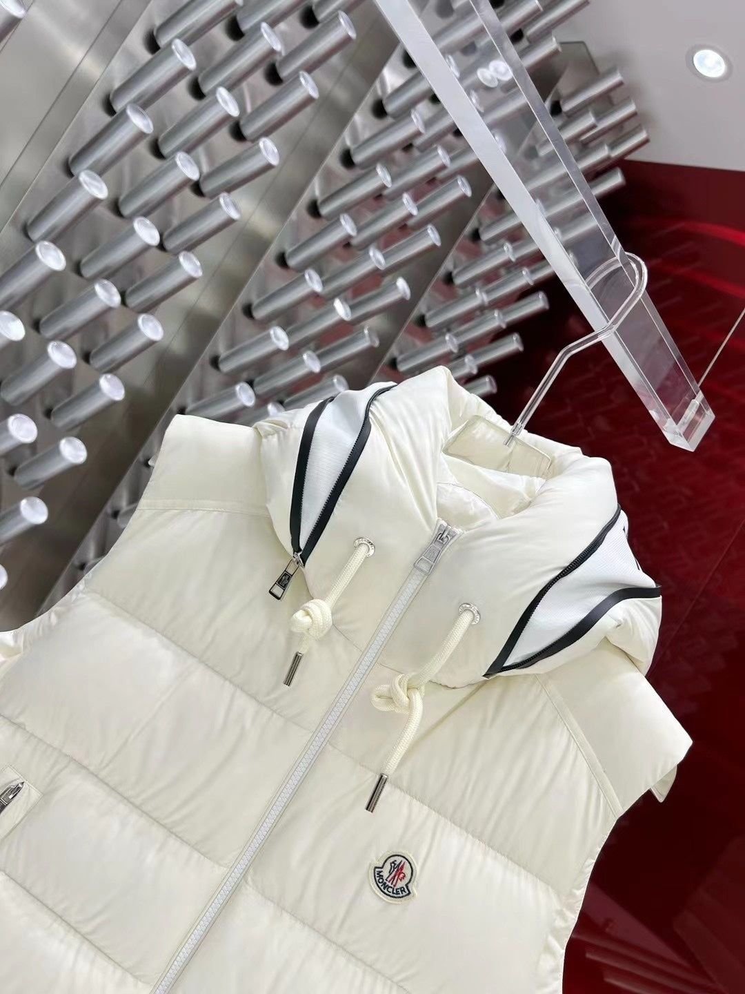 Moncler White Hooded Quilted Puffer Vest with Black Logo Trim