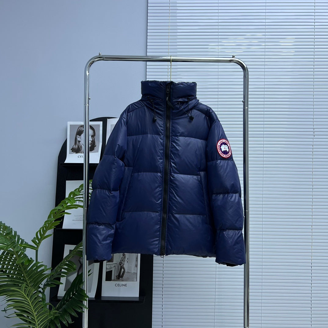 Canada Goose Navy Blue Hooded Quilted Puffer Jacket with Red Logo Badge