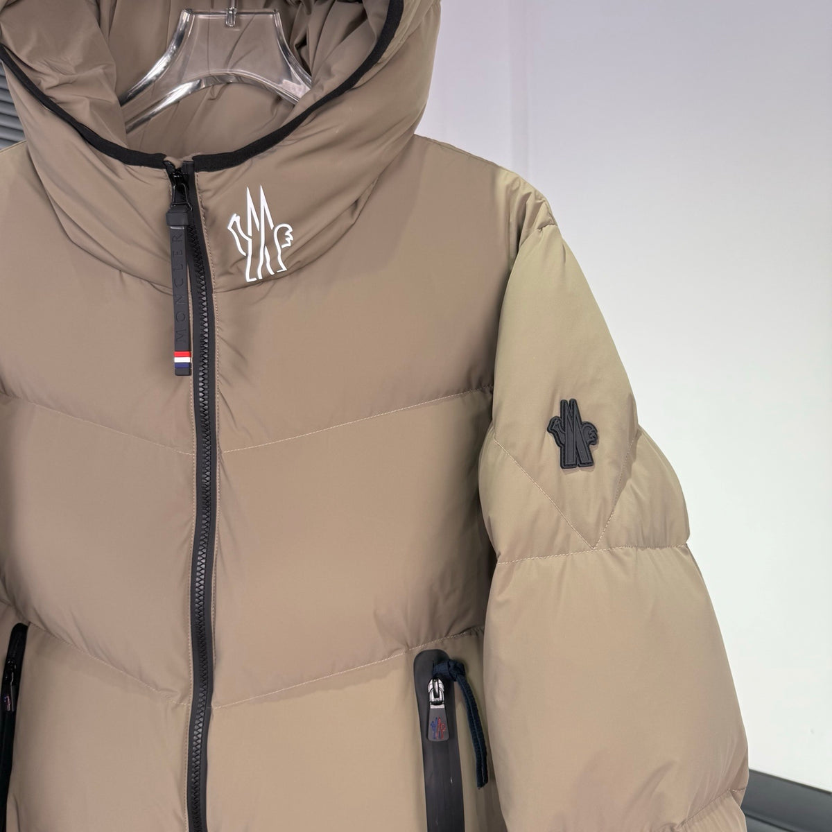 Moncler Taupe Beige Hooded Puffer Jacket with Chevron Quilting