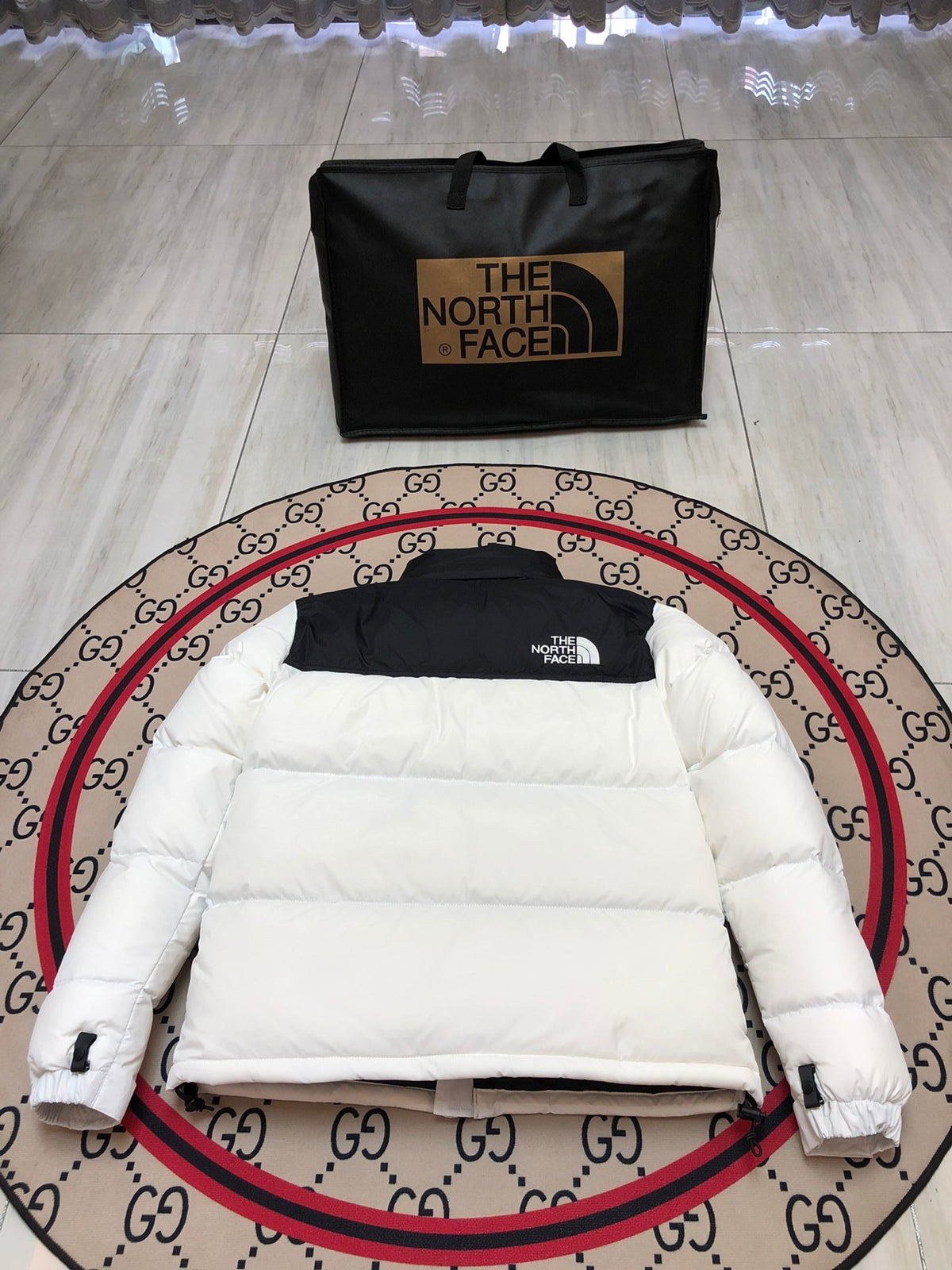The North Face White and Black Colorblock Stand-Collar Puffer Jacket