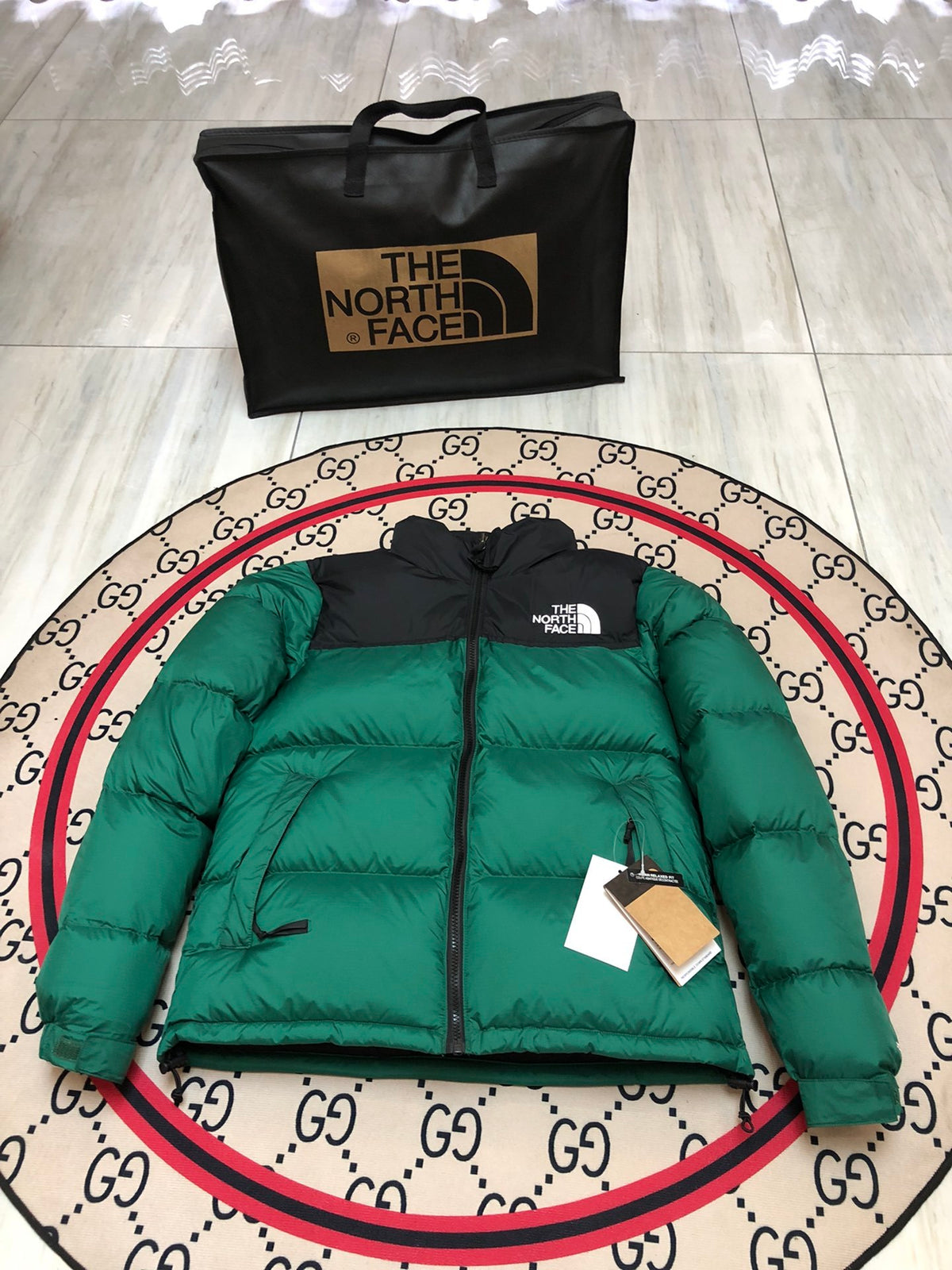 The North Face Emerald Green and Black Colorblock Stand-Collar Puffer Jacket