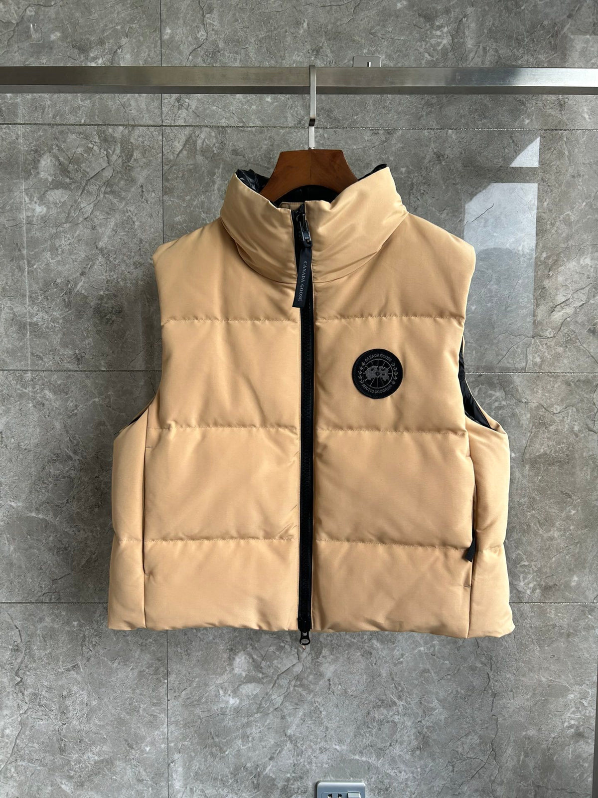 Canada Goose Sand Beige Quilted Puffer Vest with Black Badge
