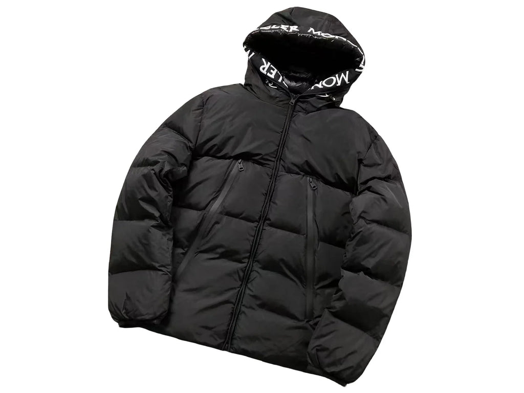 Moncler Black Hooded Quilted Puffer Jacket with White Logo Trim