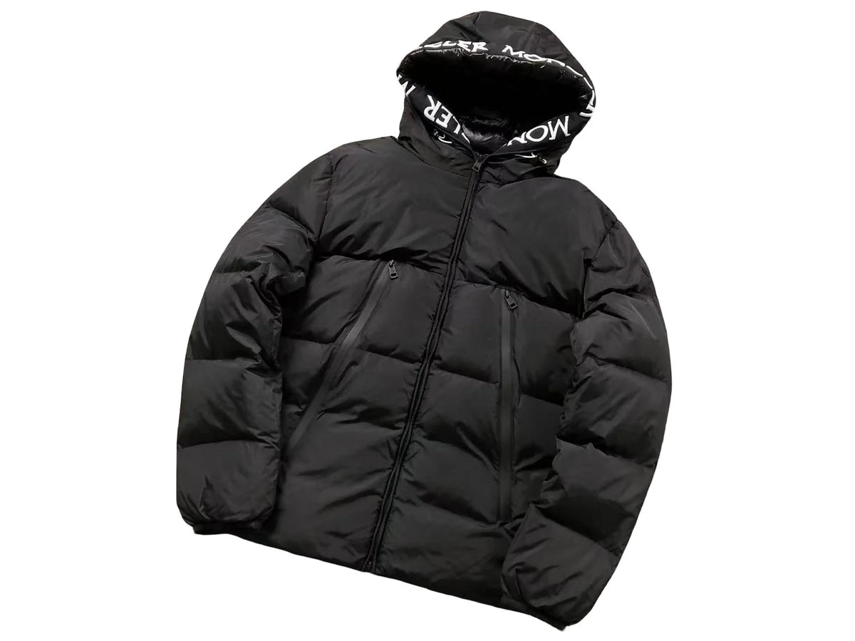 Moncler Black Hooded Quilted Puffer Jacket with White Logo Trim