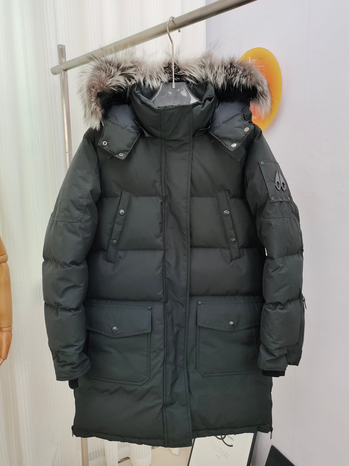 Moose Knuckles Charcoal Gray Long Quilted Parka with Plush Hood Trim