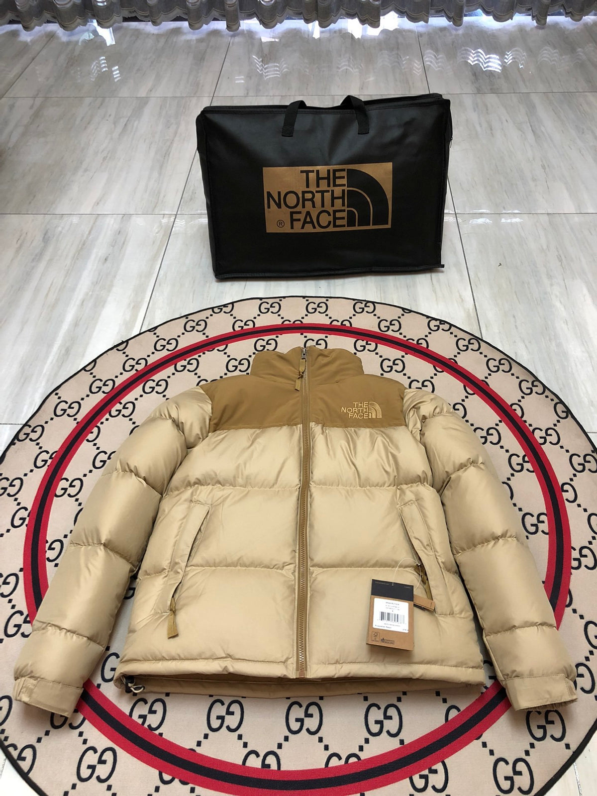 The North Face Sand Beige and Tan Colorblock Stand-Collar Puffer Jacket