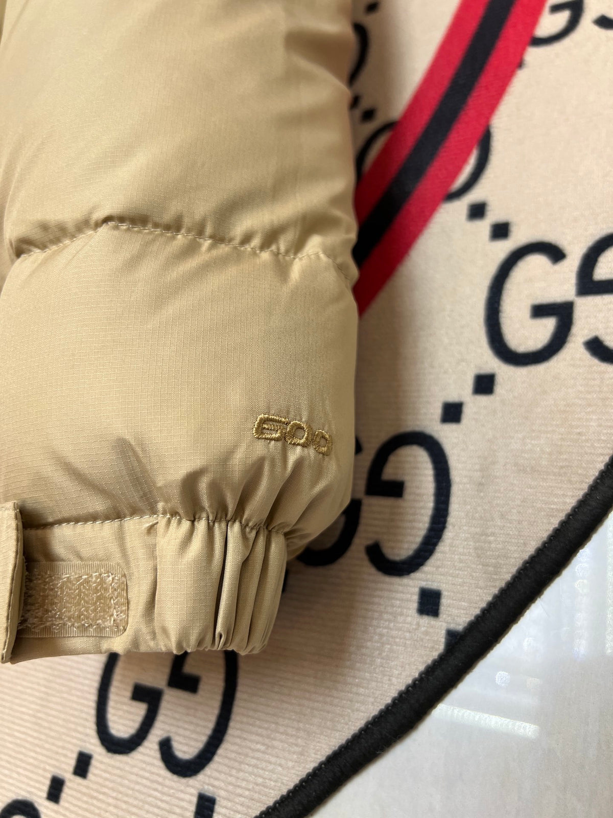 The North Face Sand Beige and Tan Colorblock Stand-Collar Puffer Jacket