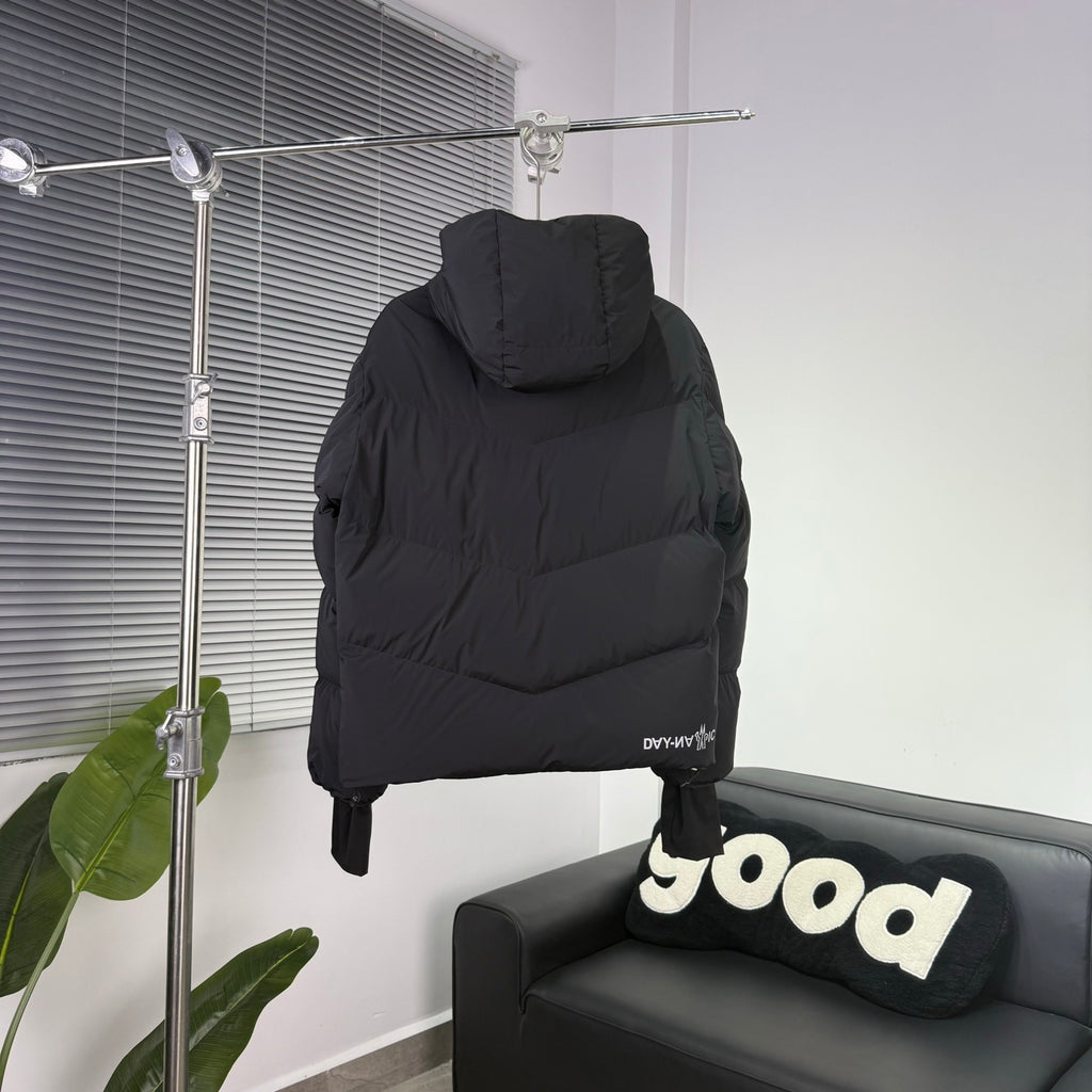 Moncler Black Hooded Puffer Jacket with Chevron Quilting