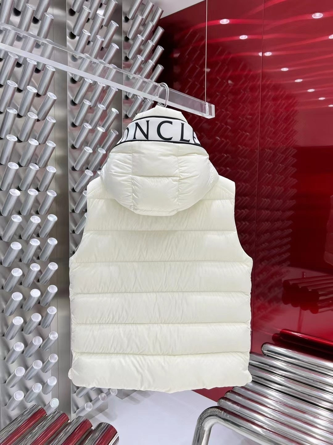 Moncler White Hooded Quilted Puffer Vest with Black Logo Trim