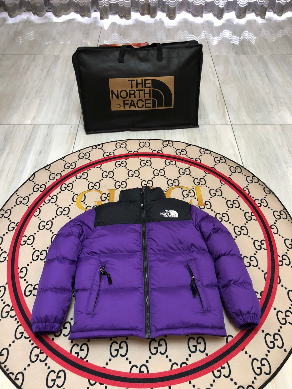 The North Face Purple and Black Colorblock Stand-Collar Puffer Jacket