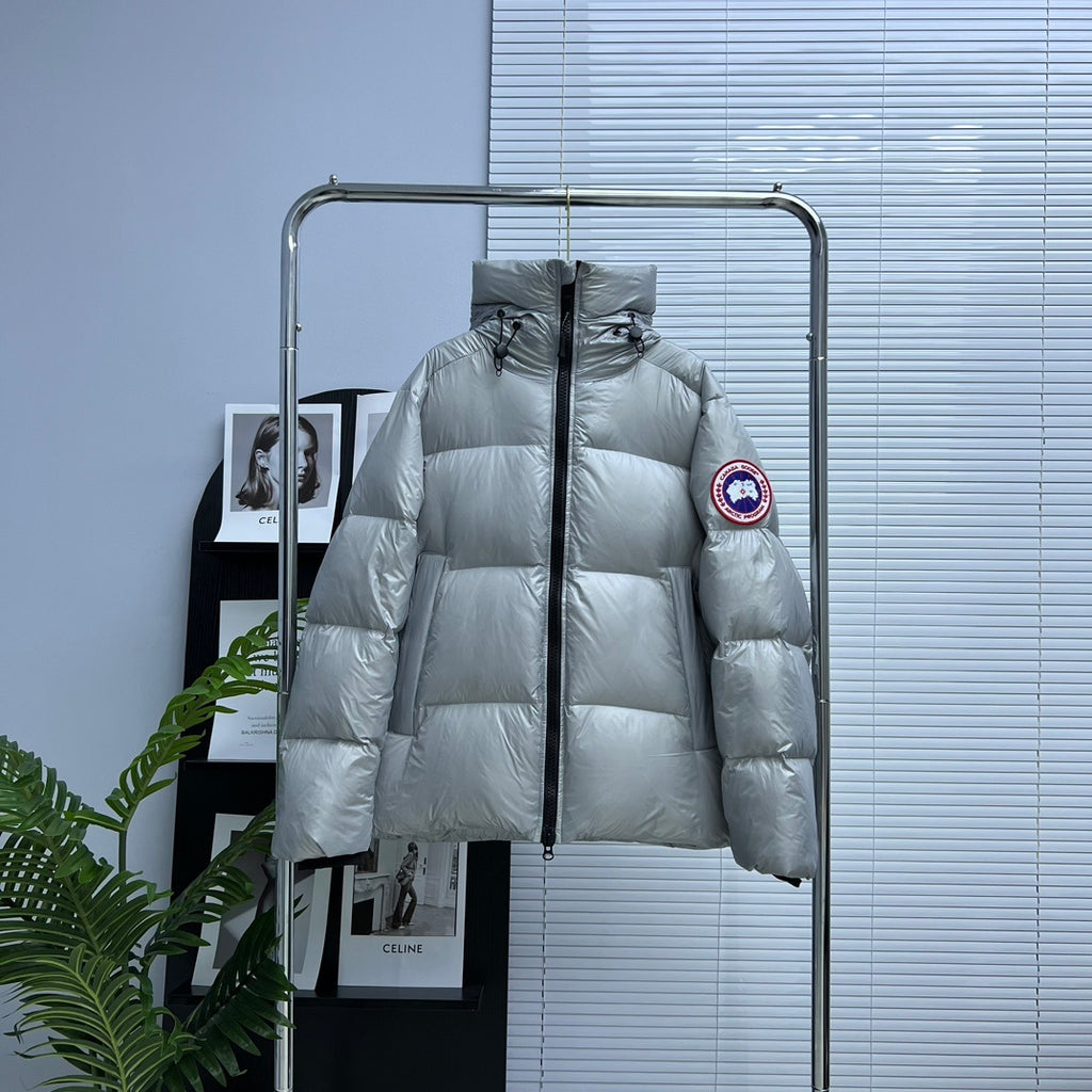 Canada Goose Silver Gray Hooded Quilted Puffer Jacket with Red Logo Badge
