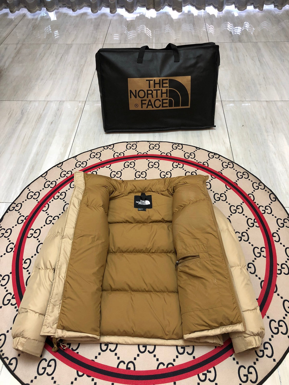 The North Face Sand Beige and Tan Colorblock Stand-Collar Puffer Jacket