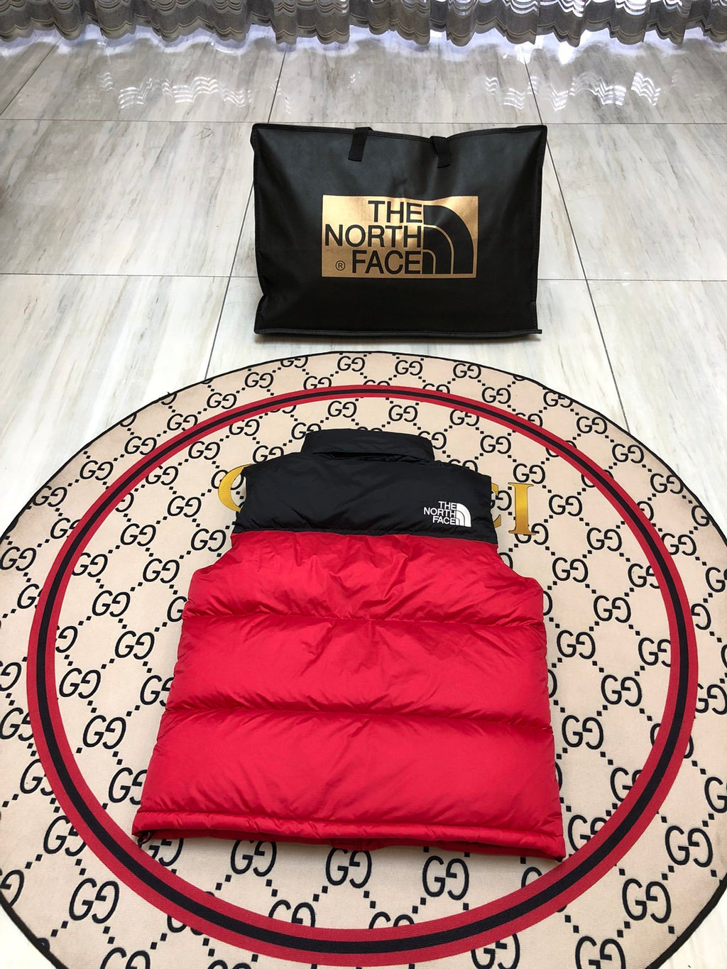 The North Face Red and Black Colorblock Puffer Vest