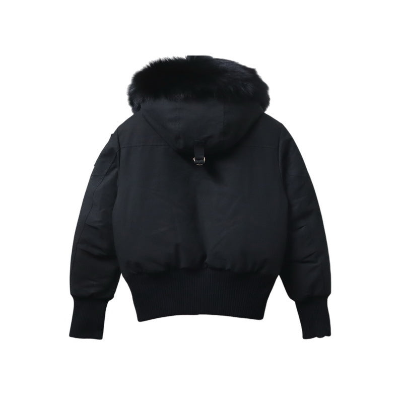 Moose Knuckles Black Cropped Hooded Bomber Jacket with Plush Pom-Poms