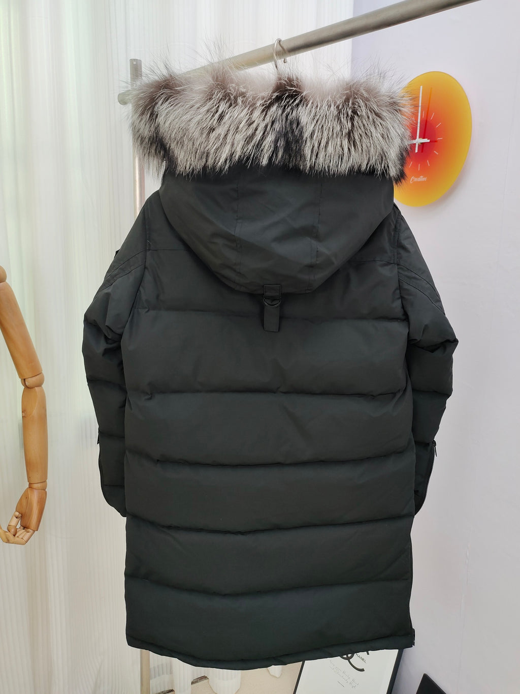Moose Knuckles Charcoal Gray Long Quilted Parka with Plush Hood Trim